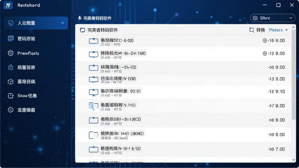 完美者转码软件主界面预览图,深蓝色科技感主题,左侧功能列表清晰,右侧转换任务列表,界面简洁现代,高清画质,干净无多余元素