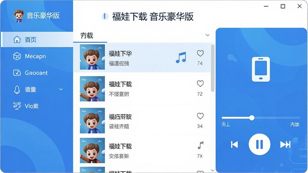 主体:福娃下载 音乐豪华版软件界面,展示音乐播放与下载功能。布局:左侧导航栏,中间歌曲列表,右侧播放器面板。排版:现代扁平化设计,色彩以蓝色和白色为主。风格:清新简约,科技感。细节:屏幕中显示