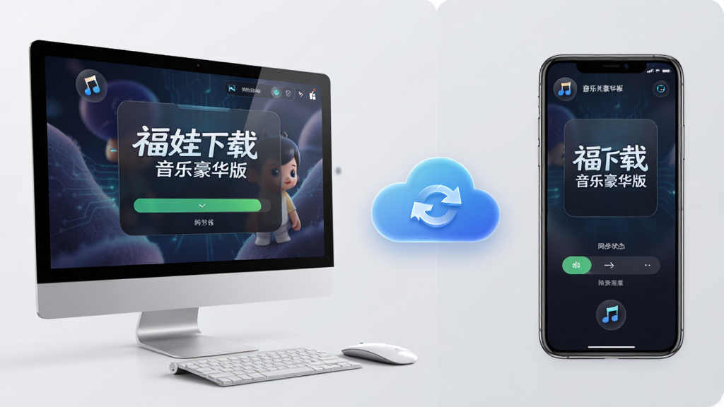 主体:用户在使用电脑和手机同时操作福娃下载 音乐豪华版,界面显示同步状态。布局:左侧电脑屏幕,右侧手机屏幕,中间有云图标。排版:对比式布局,背景为浅灰色。风格:科技感,现代。细节:屏幕上显示