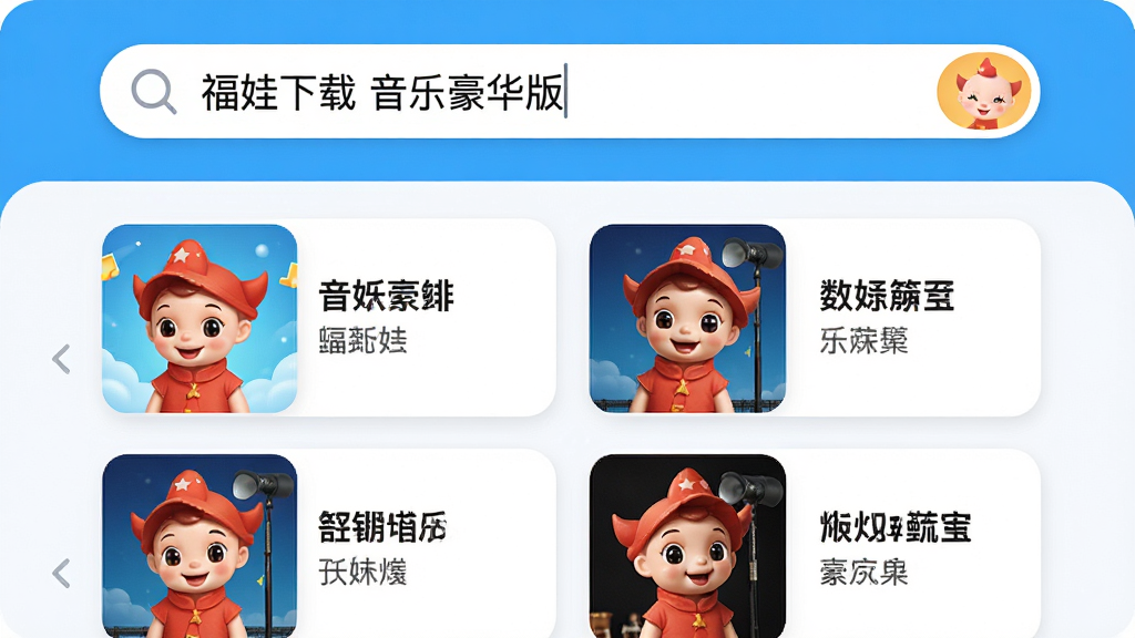 主体:福娃下载 音乐豪华版的搜索界面,显示搜索框和搜索结果列表。布局:顶部搜索框,下方列表展示歌曲封面和名称。排版:简洁清晰,歌曲卡片整齐排列。风格:明亮色调,圆角设计。细节:搜索框内文字