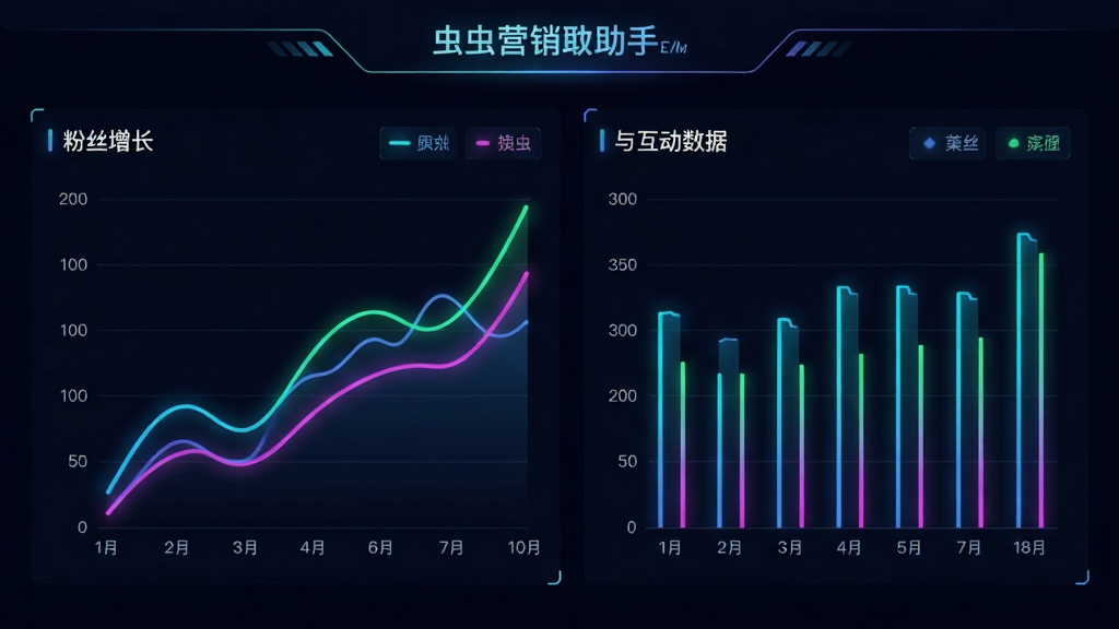 虫虫营销助手数据报表页面,折线图与柱状图结合,展示粉丝增长与互动数据,深色背景,霓虹色线条,科技感十足,画面干净,无多余元素,高分辨率清晰