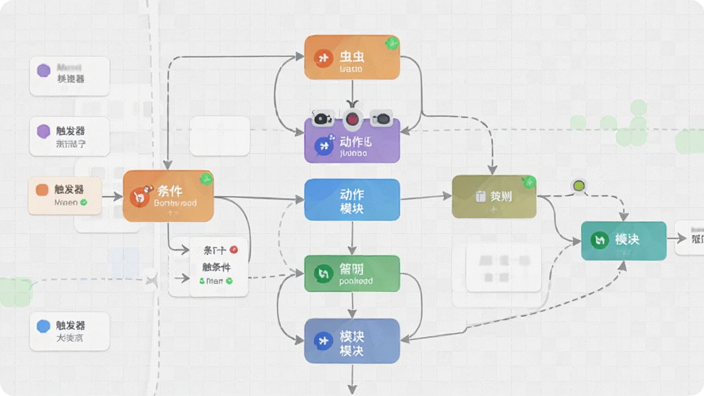 虫虫营销助手自动化任务流程图,节点连线式编辑界面,包含时间触发器、动作模块、条件分支等元素,背景淡灰色网格,节点色彩丰富,示意操作路径,干净无多余元素,高清画质