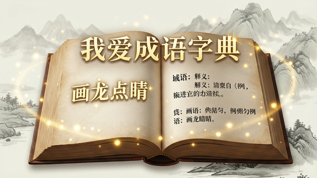 主体:一本翻开的厚重词典,书页上浮现出“我爱成语字典”字样和多个成语词条。布局:词典占据画面中央,周围环绕着金色光点。排版:书页左侧展示成语“画龙点睛”,右侧展示其释义和例句,文字清晰可读。风格:写实与梦幻结合,背景为淡雅的水墨山水画。细节:词典纸张纹理真实,光点闪烁,成语文字突出显示,整体氛围古朴典雅。画质:高分辨率,细节精致,色彩温润,干净,无多余元素。