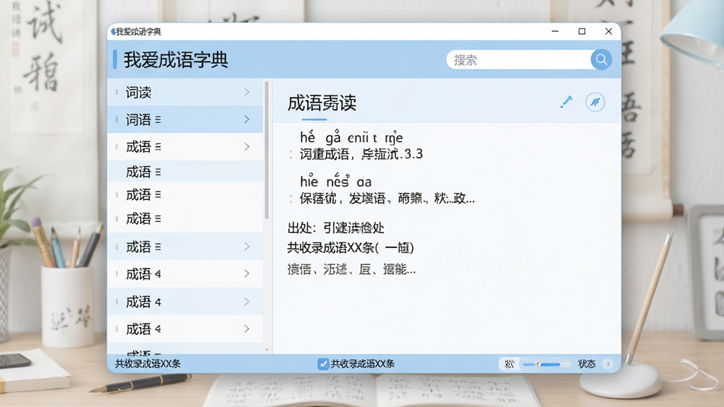 主体:一款名为“我爱成语字典”的桌面软件界面展示,界面风格现代简约。布局:主窗口分为左侧词条列表和右侧详细释义区,清晰明了。排版:左侧列表整齐排列成语词条,右侧显示当前选中成语的释义、拼音、出处等内容,文字排版工整。风格:扁平化设计,色彩以淡蓝和白色为主,清新自然,突出学习和阅读氛围。细节:界面顶部有搜索框,底部有状态栏提示“共收录成语XX条”,整体界面干净整洁。画质:高清,细节丰富,色彩柔和,干净,无多余元素。