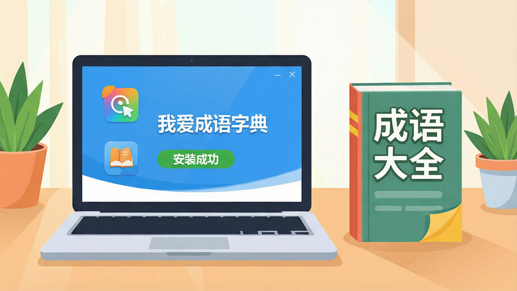 主体:一台笔记本电脑和一本书籍并排放在桌面上,屏幕中显示“我爱成语字典”的安装完成界面。布局:电脑位于左侧,书籍位于右侧。排版:电脑屏幕上有软件图标和“安装成功”字样,书籍封面印有“成语大全”四字。风格:明亮简洁的扁平插画风格。细节:桌面有绿植点缀,光线柔和,色彩明快。画质:清晰,干净,无多余元素。