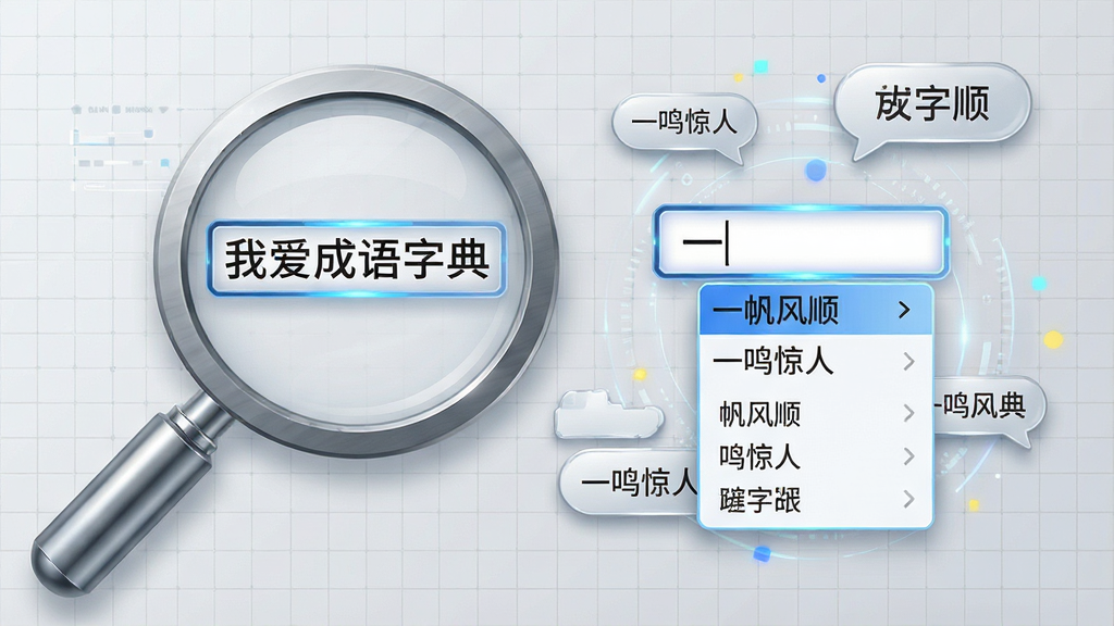 主体:一个放大的放大镜图标,镜片内显示“我爱成语字典”的搜索界面。布局:放大镜位于画面左侧,右侧悬浮着多个成语文字气泡。排版:搜索框内输入“一”字,下方下拉列表出现“一帆风顺”、“一鸣惊人”等联想词条。风格:科技感与现代感结合,背景为浅灰色网格。细节:放大镜手柄带有金属光泽,文字气泡错落有致,搜索框有高亮边框。画质:清晰锐利,光影效果好,干净,无多余元素。