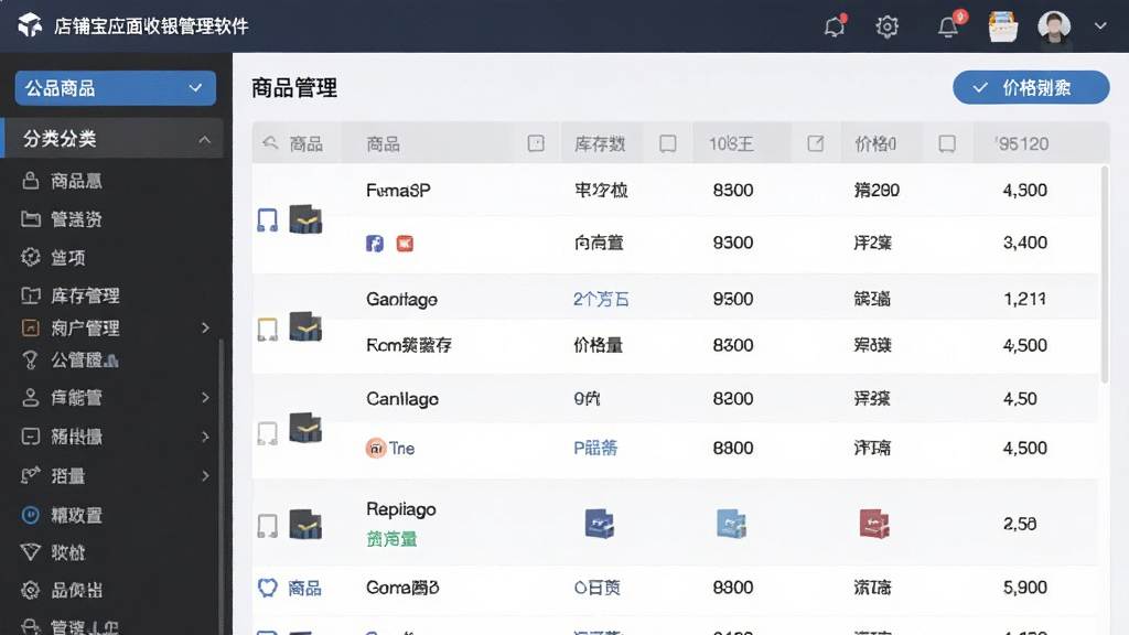店铺宝店面收银管理软件的商品管理界面,显示商品列表、库存数量、价格信息,左侧分类栏清晰,界面整洁,表格数据排版整齐,现代简约风格,画质干净。