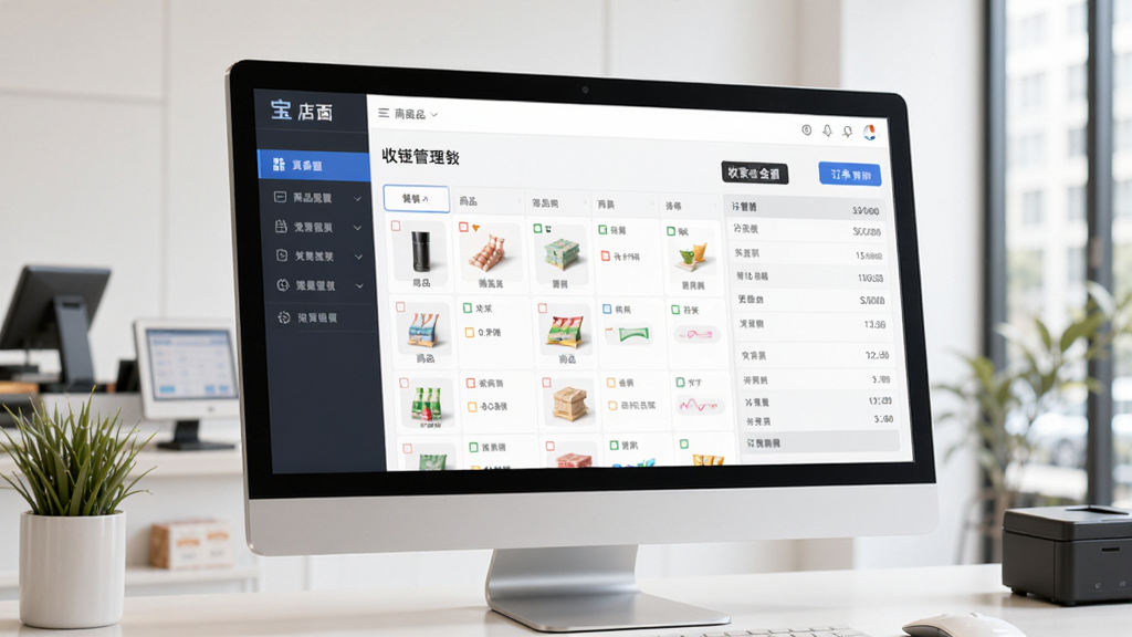 图片展示店铺宝店面收银管理软件在电脑上运行的主界面,界面清晰显示商品列表、收款金额、订单明细,左侧为功能导航栏,整体布局简洁明亮,现代商务风格,细节精致,画质干净无多余元素。
