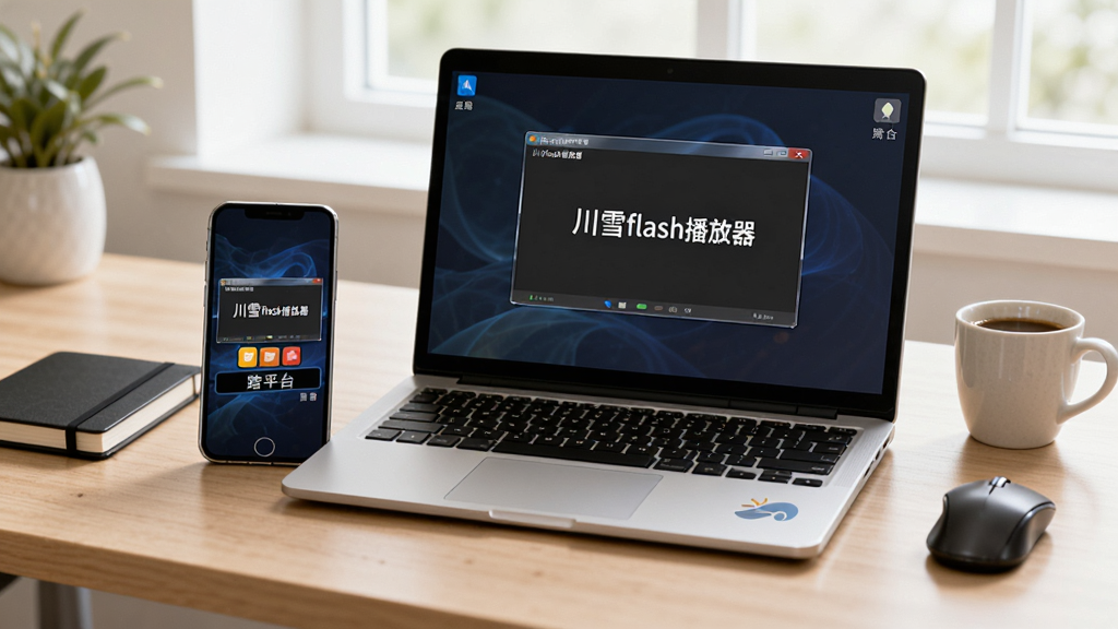 展示一台笔记本电脑与一部手机并排摆放,屏幕上同时运行着“川雪flash播放器”的界面,背景为干净的工作台,有鼠标、笔记本和一杯咖啡,整体色调明亮,画质清晰,突出跨平台使用的便利性。