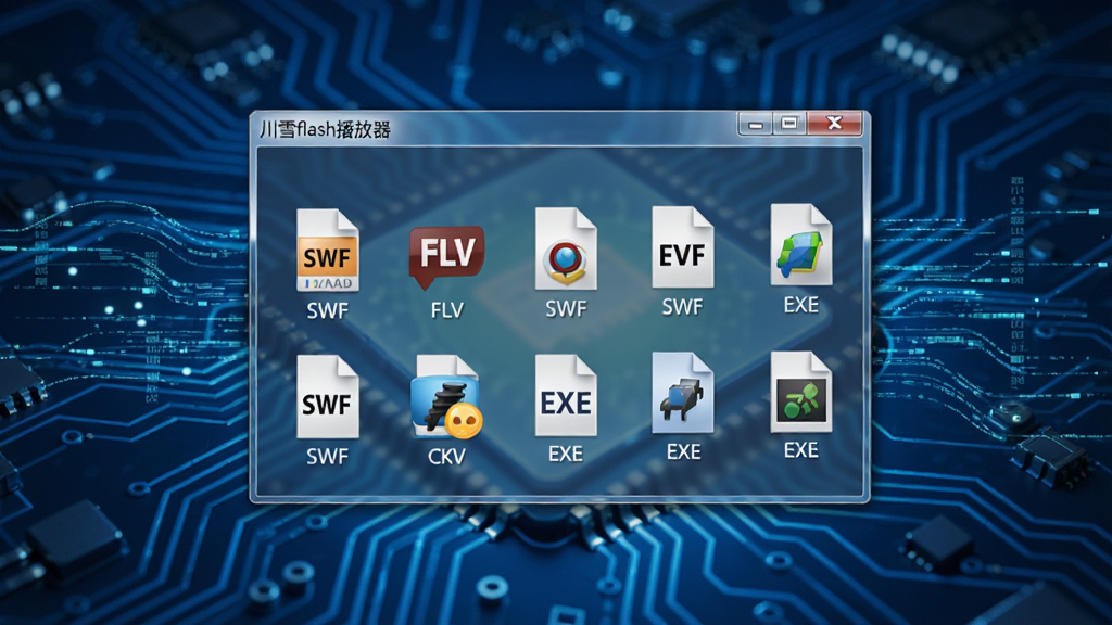 展示“川雪flash播放器”的格式支持界面,画面中排列着多个文件图标,包括SWF、FLV、EXE等格式,背景为科技感十足的蓝色电路板纹理,软件界面半透明悬浮在中央,周围有淡淡的数据流线条,画质清晰干净,无多余文字。