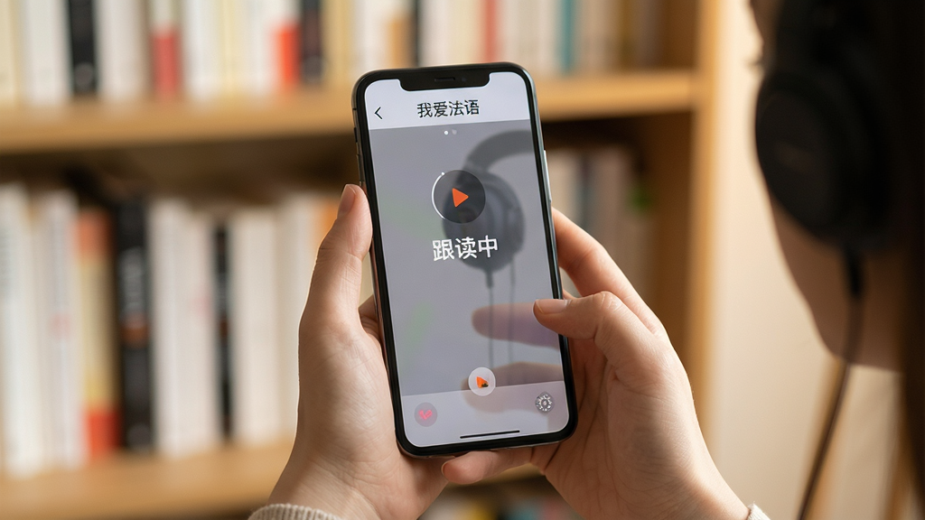 主体:《我爱法语》应用在手机上的使用场景,用户手持手机跟读;布局:用户手部特写,手机屏幕显示跟读界面,背景是书架;排版:居中构图,光线柔和;风格:写实摄影风格,温馨氛围;细节:屏幕上有“跟读中”字样,用户戴着耳机;画质:高清,干净,无多余元素