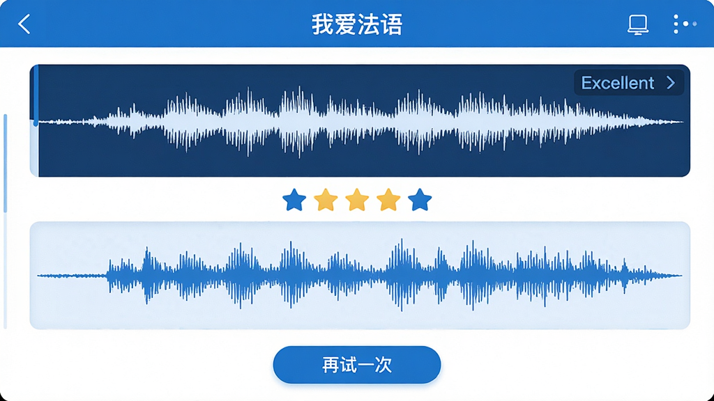 主体:《我爱法语》应用中的发音跟读评测界面,显示波形对比;布局:上方是原声波形,下方是用户录音波形,中间有评分星星;排版:左右分栏,色彩以蓝色和白色为主;风格:科技感与教育感结合,界面干净;细节:波形图清晰,有“Excellent”评分字样,下方有“再试一次”按钮;画质:高清,干净,无多余元素
