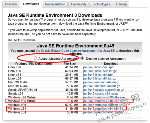 Java Runtime Environment 系统要求 表格