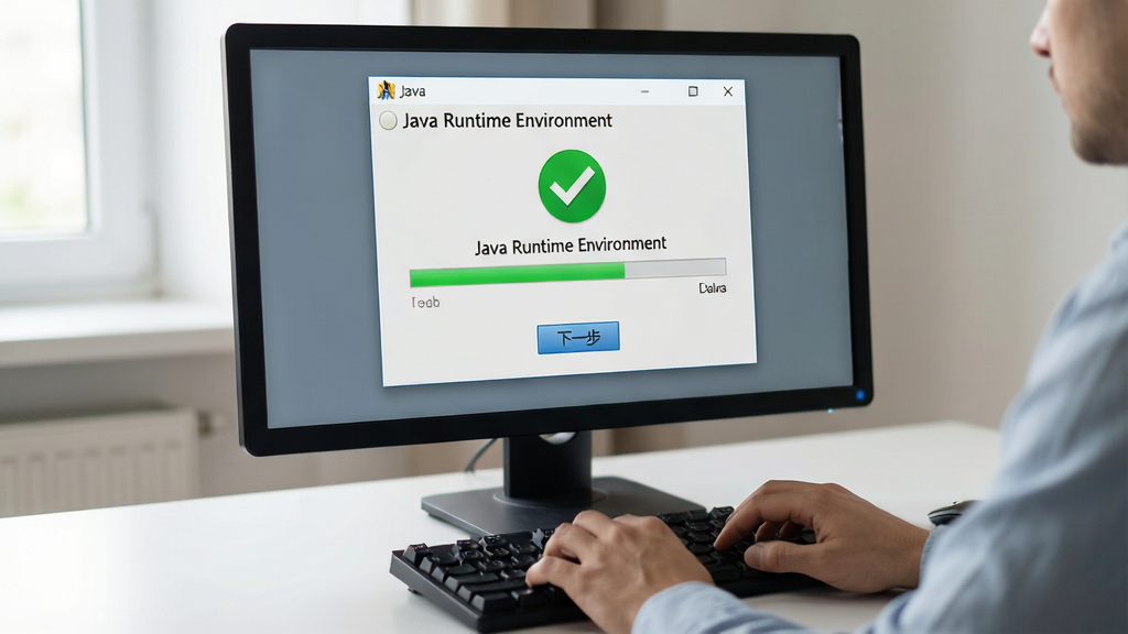 主体:一个用户正在电脑上安装Java,屏幕上显示安装进度条和“Java Runtime Environment”字样。布局:用户手部在键盘上,屏幕居中显示安装界面。排版:安装进度条位于屏幕中央,下方有“下一步”按钮。风格:写实风格,光线柔和。细节:屏幕上安装完成打勾的图标,背景是整洁的桌面。画质:高清摄影感,干净,无多余元素。
