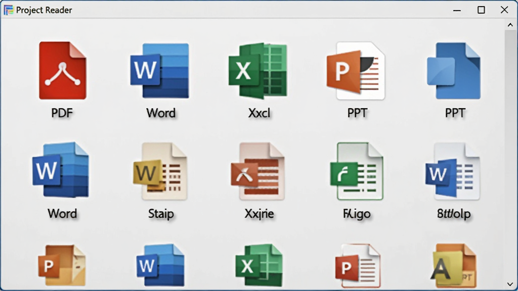 Project Reader软件预览图,主体为电脑屏幕展示多格式文件图标排列,包括PDF、Word、Excel、PPT等,布局为网格状,每个图标下方标注格式名称,风格简洁商务,细节包括文件图标色彩鲜明、背景浅灰色、软件窗口边框,画质干净无杂物。