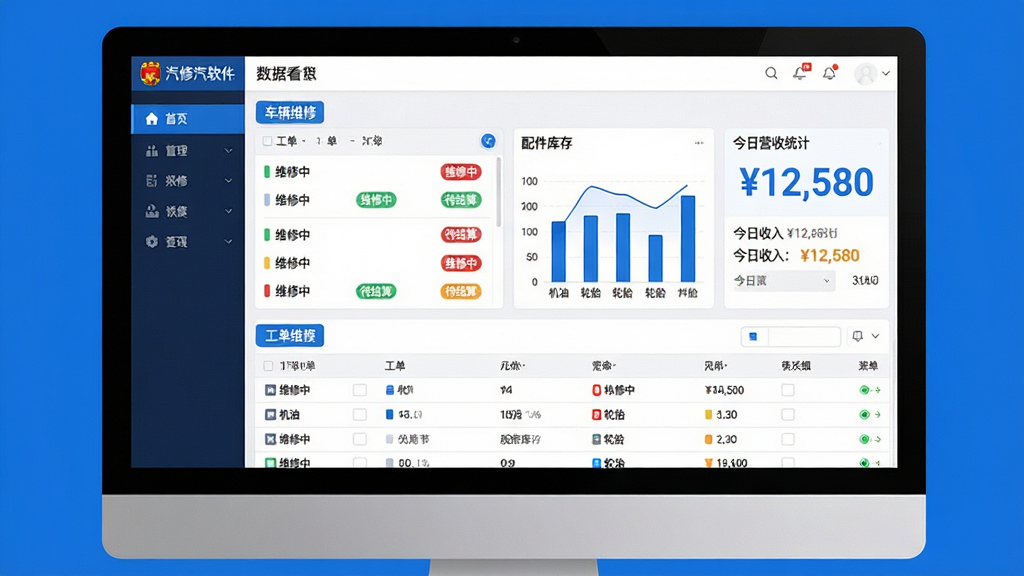 主体:汽修财神汽修汽配软件在电脑屏幕上的主界面展示,界面显示车辆维修工单列表、配件库存图表和今日营收统计。布局:屏幕居中,左侧为导航栏,右侧为数据看板,下方为工单表格。排版:界面清晰,数据可视化图表占30%区域,表格占40%区域,其余为导航和按钮。风格:现代扁平化,蓝色主调,白色背景,简洁专业。细节:工单上显示“维修中”、“待结算”标签,库存图表显示“机油”、“轮胎”等配件名称,营收统计显示“今日收入 12,580”。画质:高清,干净,无多余元素。
