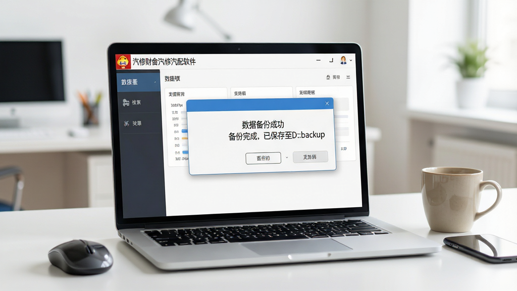 主体:一台笔记本电脑正在运行汽修财神汽修汽配软件,屏幕上显示“数据备份成功”的提示窗口。布局:电脑位于画面中央,桌面上有鼠标和手机,背景是明亮的办公室。排版:提示窗口占据屏幕中央偏右,文字清晰可读。风格:写实摄影风格,自然光线,色彩柔和。细节:提示窗口内文字为“备份完成,已保存至D:\backup”,电脑旁边有一杯咖啡。画质:高清,干净,无多余元素。