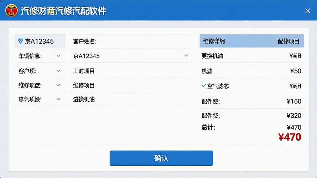 主体:汽修财神汽修汽配软件的工单管理界面截图,屏幕展示一张电子维修工单,包含车牌号“京A12345”、客户姓名、维修项目列表和总费用。布局:工单占据屏幕中央,左侧为车辆信息,右侧为维修明细,底部为确认按钮。排版:工单各字段分行清晰排列,费用合计用红色加粗字体显示。风格:界面整洁,浅灰色背景,蓝白配色。细节:维修项目包括“更换机油”、“机滤”、“空气滤芯”,工时费显示“150”,配件费“320”,总计“470”。画质:高清,干净,无多余元素。