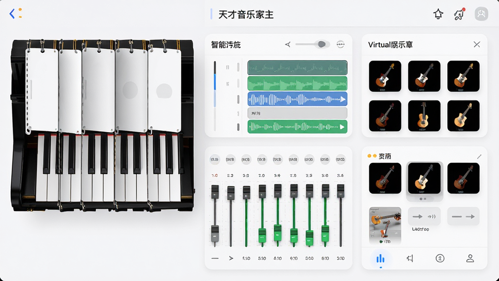 天才音乐家主界面预览,展示智能钢琴卷帘、音轨混音台和虚拟乐器库,布局清晰,现代浅色UI风格,高清画质,干净无多余元素