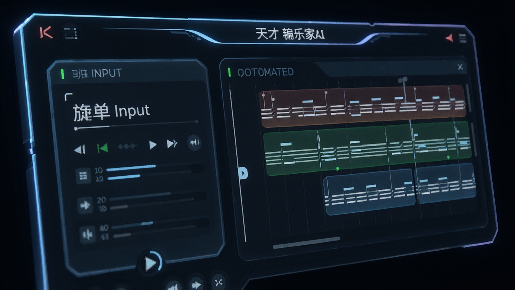 天才音乐家AI编曲界面,显示旋律输入区与自动生成的和弦轨道,界面科技感强,线条流畅,高清渲染,画质干净