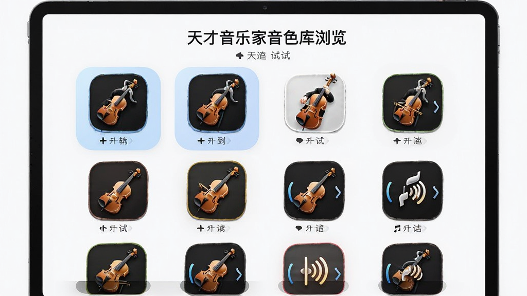 天才音乐家音色库浏览页面,展示多类别乐器图标列表,点击可试听,界面清爽明亮,图标精致,高清画质