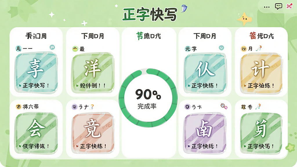 ���ֿ�д�����ĸ��Ի�ѵ���ƻ�ҳ�棬չʾһ��ѵ���ճ̱���ÿ�����ڶ�Ӧ��ͬ��д����ͼ�꣬�����н��Ȼ���ʾ����ʣ�����Ϊǳ��ɫ�������С����ֿ�д����ʶ���������룬�Ű������������ã�ϸ�ڷḻ�����ʸɾ�