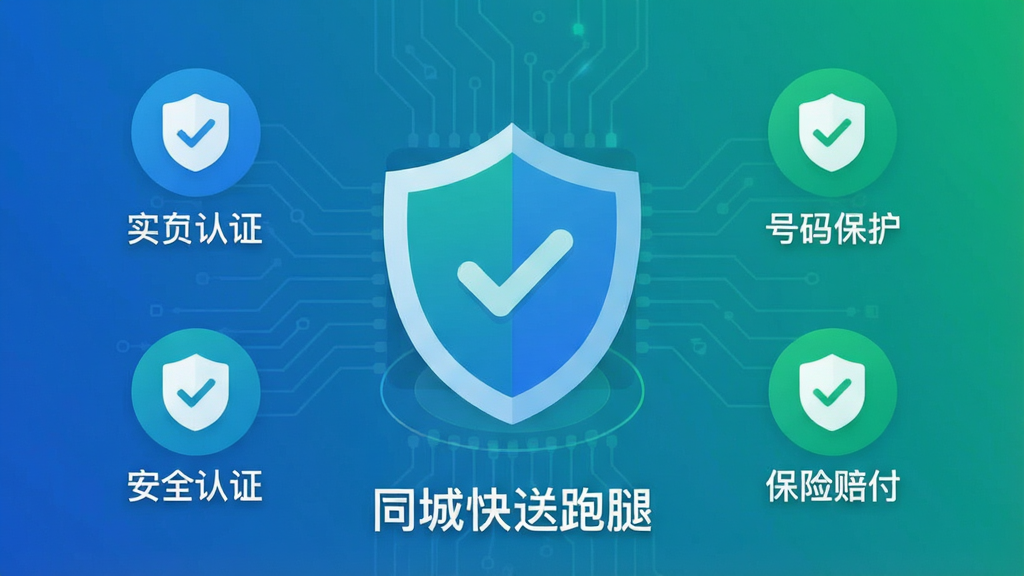 主体:同城快送跑腿APP安全中心界面,盾牌图标与安全认证标识。布局:中央盾牌图标,周围环绕实名认证、号码保护、保险赔付等图标。排版:简洁清晰,安全功能以图标+文字形式排列。风格:科技感扁平风格,蓝色与绿色搭配,传达安全可信赖感。细节:盾牌上有对勾,背景有细微的电路纹理,文字标注“同城快送跑腿”字样。画质:高清,干净,无多余元素。