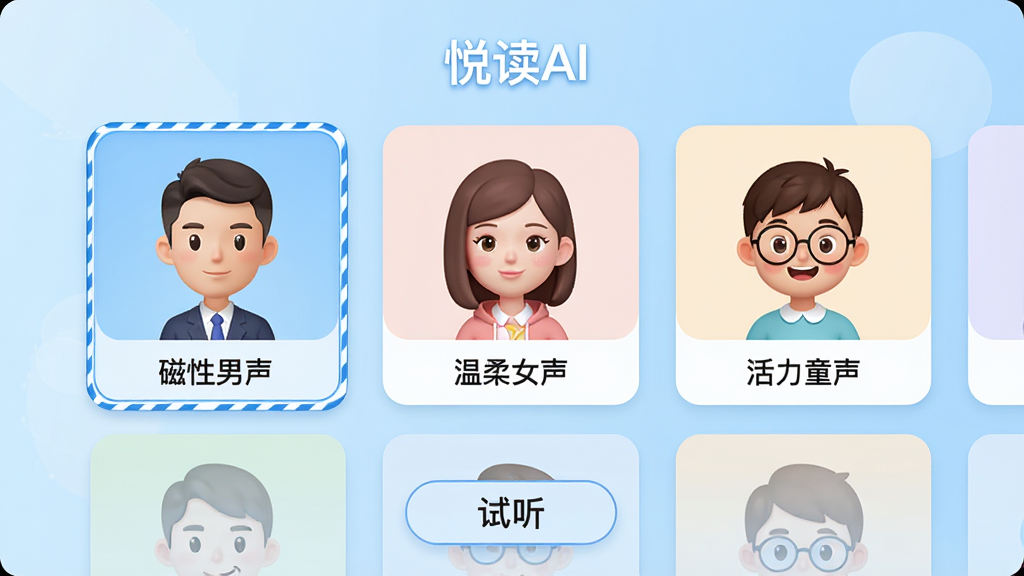 ���壺�ö�AIӦ������ɫѡ����棬չʾ�����������ͷ�������ͬ��ɫ��ÿ��ͷ���·��С�����������������Ů����������ͯ���������ֱ�ǩ�����֣�����״���У�ÿ����ɫ��Ƭ��Сһ�£�������С��Ű棺���涥���С��ö�AI���������ײ��С���������ť����񣺱�ƽ����ƣ�ɫ�����졣ϸ�ڣ���ǰѡ����ɫ��Ƭ�и����߿򣬱���Ϊ����ɫ���䡣���ʣ�4K���壬�ɾ����޶���Ԫ�ء�