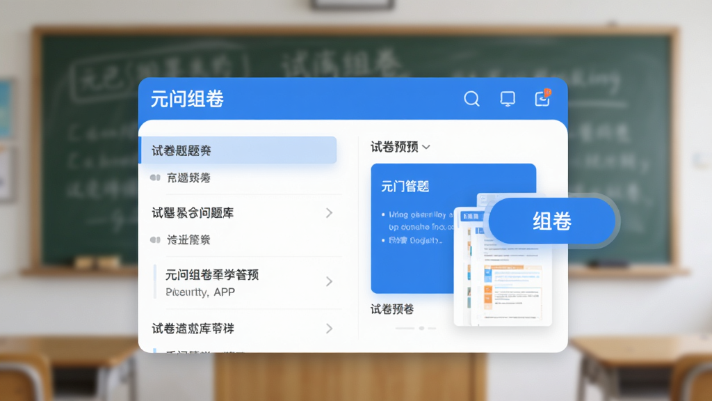 画面中央展示“元问组卷”APP界面,界面以清爽的蓝白配色为主,左侧是试题列表,右侧悬浮组卷按钮,背景是模糊的教室黑板,整体布局简洁现代,扁平化设计风格,细节展示题库分类和试卷预览,画质高清干净,无多余元素