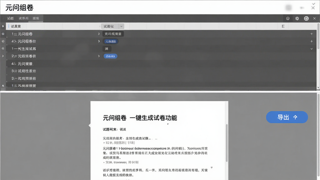 展示“元问组卷”一键生成试卷功能,屏幕分为上下两部分,上方是试题列表,下方是试卷预览,显示试卷标题和题目排版,右侧有导出按钮,整体风格商务简洁,以白色和灰色为主,画质清晰干净,无多余元素