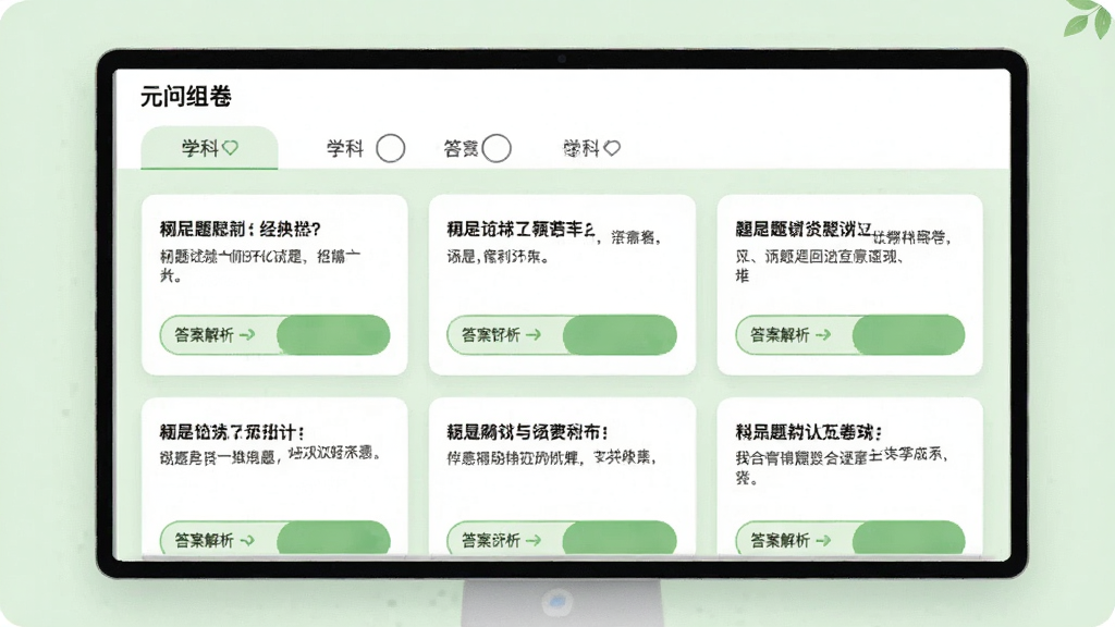 展示“元问组卷”题库浏览页面,屏幕上方有学科切换标签,下方以卡片形式展示各科试题,每张卡片显示题目内容和答案解析按钮,背景为淡绿色,整体布局清晰明快,风格清新自然,画质干净无多余元素