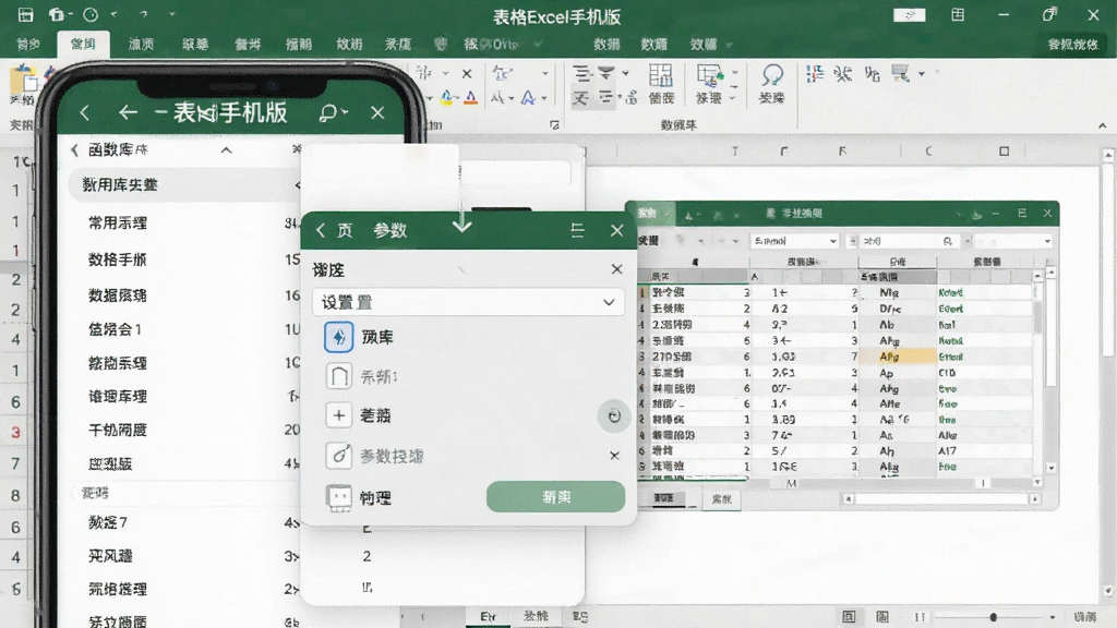 手机屏幕展示“表格Excel手机版”的函数库界面,列表按分类展示常用函数,点击后弹出参数设置浮窗。右侧有数据透视表的预览效果,色彩搭配专业沉稳,界面信息层级分明,突出软件在数据处理上的深度与广度。
