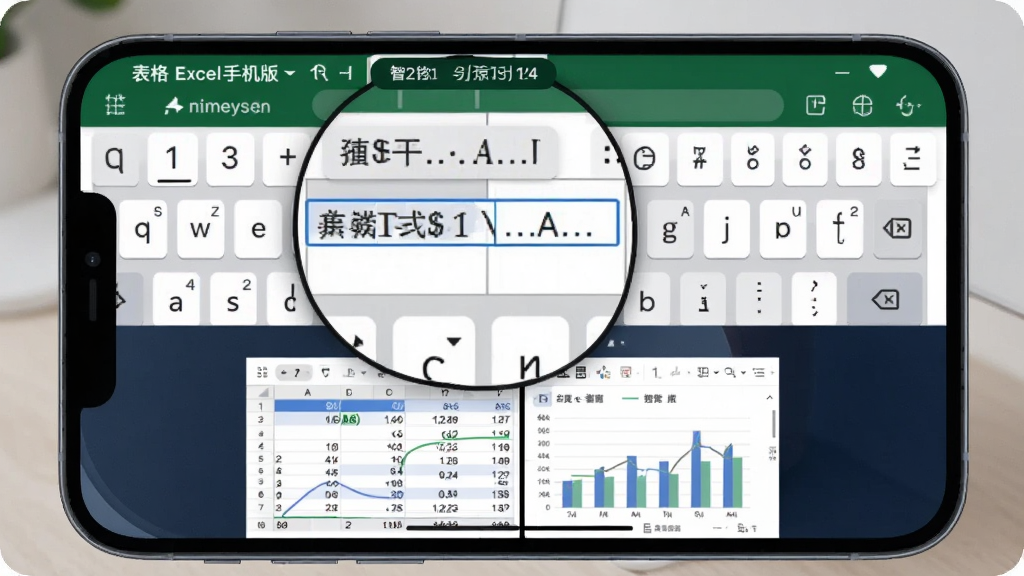 手机横屏使用“表格Excel手机版”编辑表格,屏幕放大显示单元格正在输入函数公式,键盘上方有智能提示栏。分屏模式下半部分显示数据图表预览,整体界面以蓝白为主色调,排版清晰,画质细腻,体现软件强大的编辑与函数运算能力。
