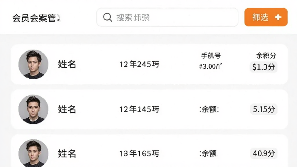 展示理发会员宝软件中会员档案管理页面的截图,画面显示一个会员列表,每行包含头像、姓名、手机号、余额和积分,顶部有搜索框和筛选按钮,界面以白色为主色调,辅以橙色点缀,风格清爽简洁,排版整齐,画质清晰,无多余元素。