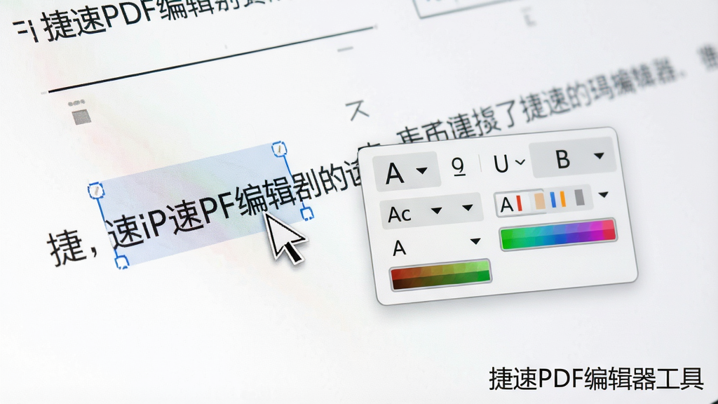 特写镜头展示捷速PDF编辑器工具的文本编辑功能,鼠标光标选中一段文字,弹出浮动字体工具栏,包含字体、字号、颜色选项,背景为清晰的PDF文档页面,画质细腻,布局聚焦,干净无多余UI元素,软件名称“捷速PDF编辑器工具”以水印形式置于页面右下角