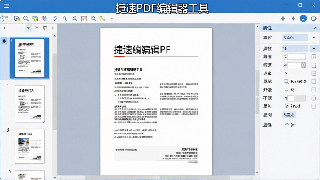 图片居中展示捷速PDF编辑器工具主界面,左侧为页面缩略图栏,中间为高清文档预览编辑区,右侧为属性设置面板,整体布局简洁明快,采用蓝白配色商务风格,画质清晰干净,无多余元素,画面中主标题文字“捷速PDF编辑器工具”置于顶部工具栏中央