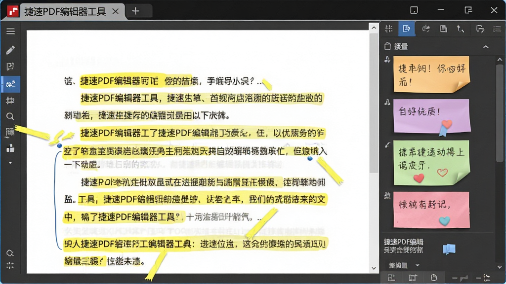 展示捷速PDF编辑器工具的批注功能场景,文档页面中多处文字带有黄色高亮标记,侧边栏有彩色便签注释贴纸,整体布局清爽,风格写实,画质高清,软件名称“捷速PDF编辑器工具”显示在左上角标签栏