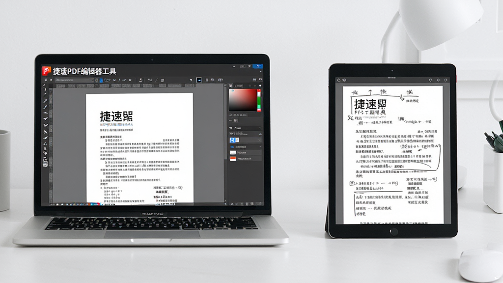展示跨平台使用场景,左侧是笔记本电脑运行捷速PDF编辑器工具进行文档排版,右侧是平板电脑进行PDF批注,背景为整洁的办公桌面,风格现代简约,画质高清,干净无多余元素,软件名称“捷速PDF编辑器工具”以logo形式出现在电脑屏幕左上角