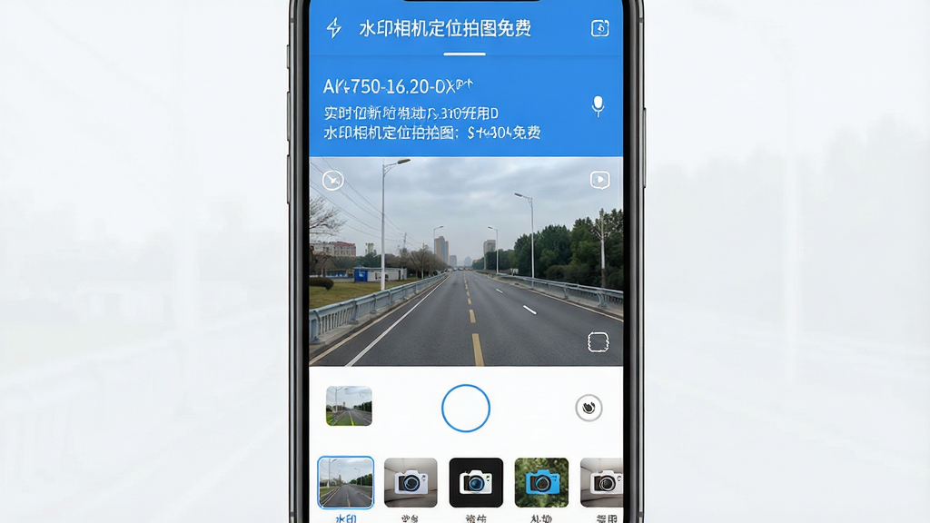 高清画面中,一款名为“水印相机定位拍图免费”的手机应用界面占据视觉中心,界面顶部显示实时更新的经纬度坐标与详细地址,中部为取景框,底部整齐排列拍摄按钮与各类水印样式缩略图。整体布局简洁明快,以蓝白为主色调,突显科技感与专业感,画质细腻干净,无多余元素,屏幕中清晰可见“水印相机定位拍图免费”字样。