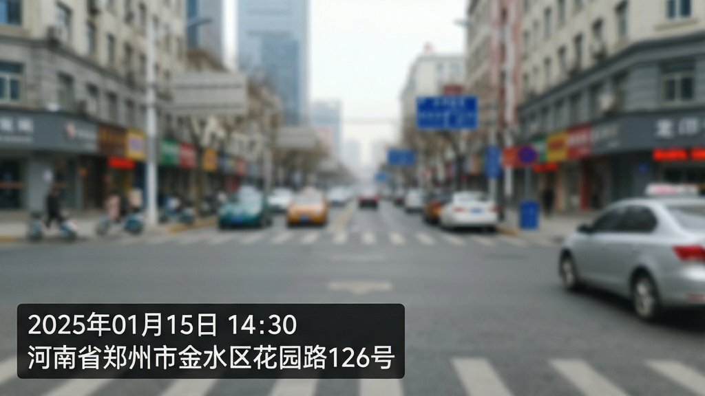 特写镜头展示“水印相机定位拍图免费”应用生成的照片样张,照片左下角叠加有半透明底框的黑色文字水印,清晰标注“2025年01月15日 14:30”与“河南省郑州市金水区花园路126号”等详细定位信息。布局规整,字体清晰锐利,背景为模糊的城市街景,整体画质干净,无多余元素。