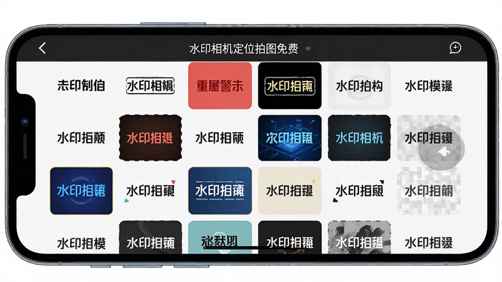 手机横屏展示“水印相机定位拍图免费”的水印模板选择界面,屏幕上以网格形式陈列着数十种不同风格的水印样式缩略图,包括黑色简约、红色警示、蓝色科技及透明底纹等。界面布局整齐,色彩丰富但和谐,模拟用户滑动浏览的状态,画质高清,无多余元素。