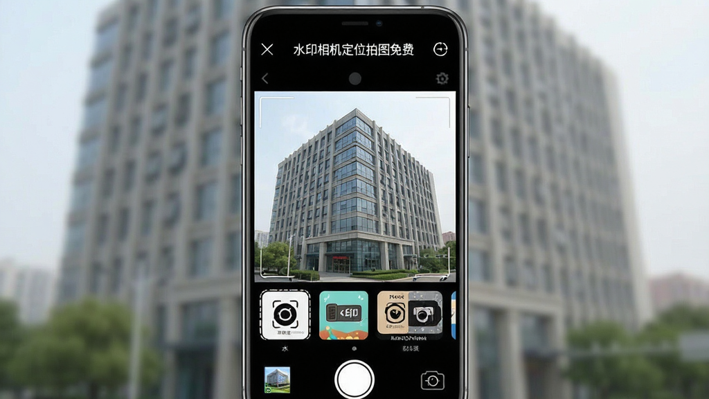 一张智能手机竖屏截图,屏幕中显示“水印相机定位拍图免费”的拍摄主界面,取景框对准一栋办公楼,屏幕下方清晰展示各类水印模板选项。界面布局规范,光线均匀,整体风格简洁,画质干净,无多余元素。