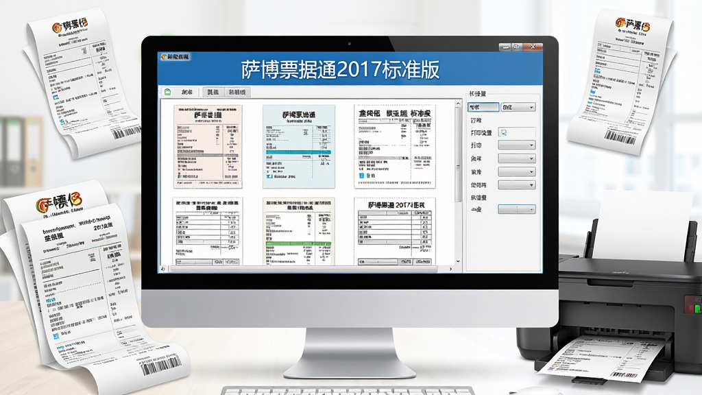 主体:萨博票据通2017标准版软件界面在电脑屏幕上显示,界面整洁,包含票据模板预览区和打印设置选项。布局:电脑屏幕居中,周围有票据纸张和打印机的元素环绕,形成工作场景。排版:屏幕中清晰显示“萨博票据通2017标准版”字样,票据模板排列有序。风格:写实风格,光线明亮,色彩清晰。细节:票据上的文字和表格线条清晰可见,打印机有出纸动作,体现高效打印。画质:高清,干净,无多余元素。