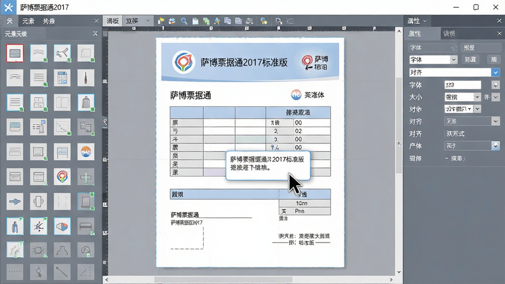 主体:萨博票据通2017标准版的模板设计器界面,显示拖拽编辑票据元素的画面。布局:左侧为元素列表,中间为票据画布,右侧为属性设置面板。排版:票据画布中显示“萨博票据通2017标准版”的票据样式,有表格、文字、logo图标。风格:扁平化设计,配色柔和。细节:鼠标指针正拖动一个文本框到票据中,属性面板有字体、大小、对齐选项。画质:高清,干净,无多余元素。