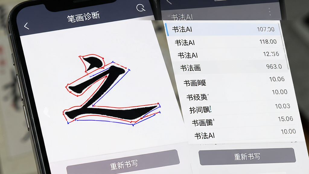 一张展示书法AI智能笔画诊断功能的界面截图,主体为手机屏幕,屏幕中一个“之”字正在被红色和蓝色线条标注,旁边有详细的诊断数据列表,布局简洁,排版专业,风格写实,细节包括屏幕顶部的“笔画诊断”标题和底部的“重新书写”按钮,画质清晰干净,无多余元素,文字内容带引号如“书法AI”