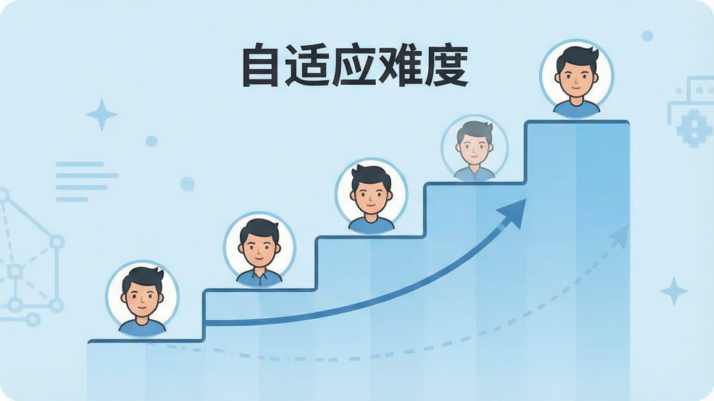 Superme智商测试自适应难度示意图,展示阶梯式上升的难度曲线,人物头像位于阶梯不同位置,背景为浅蓝色,文字标注“自适应难度”,风格简洁,画质高清,干净无多余元素。