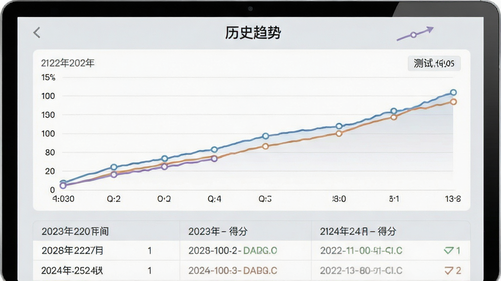 Superme智商测试历史记录界面,展示多次测试分数折线图,底部有日期与得分列表,背景浅灰,文字标注“历史趋势”,布局简洁,画质干净,无多余元素。