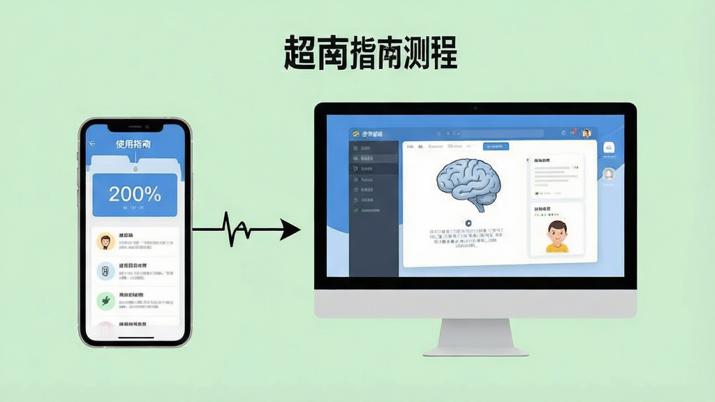 Superme智商测试操作教程示意图,展示手机与电脑连接测评界面,画面中有“使用指南”字样,背景浅绿,风格简洁明了,画质清晰,干净无多余元素。