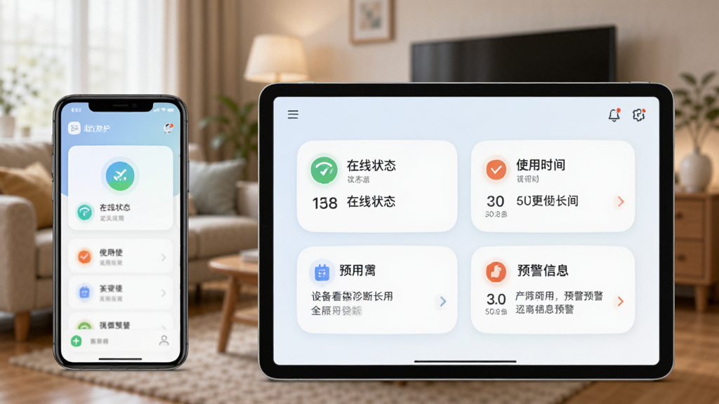 �豸�����������Զ�̿������棬չʾһ̨�ֻ���һ̨ƽ����Ե��豸��Ƭ��������ʾ����״̬��ʹ��ʱ����Ԥ����Ϣ������Ϊ��ͥ����ģ��������������ÿ�Ƭʽ���֣�ɫ����ͣ����ʸɾ����޶���Ԫ�ء�