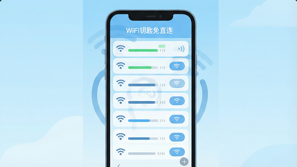 һ�������ֻ������ͼ���Ĳ廭����Ļ����ʾWiFi�б�ɨ�趯���������С�WiFiԿ����ֱ����Ӧ�����ƣ��б����ж��WiFi�ź������ź�ǿ��ָʾ������Ϊǳ��ɫ���䣬����Ϊ�ֻ���Ļ�����־��У��Ű�ɾ�������ƽ����ϸ�ڰ����ź�ͼ������Ӱ�ť�����������޶���Ԫ��
